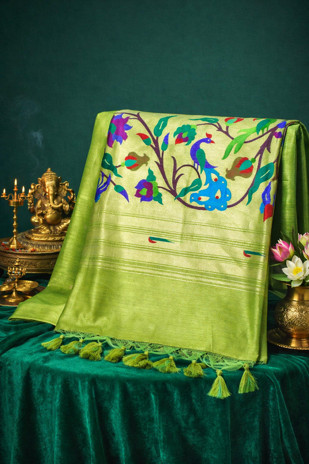 "UTSAV BANARAS 255" Parrot Green Banarasi Paithani Silk Saree With Peacock Motif