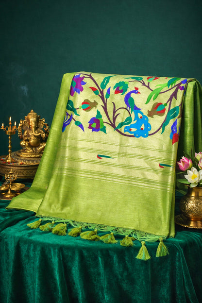 "UTSAV BANARAS 255" Parrot Green Banarasi Paithani Silk Saree With Peacock Motif