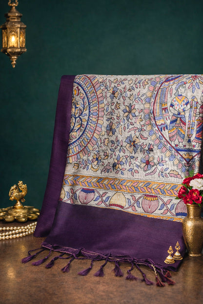 UTSAV BANARAS 226: Deep Wine Banarasi Raw Silk Saree with Madhubani Print Palla &amp; Zari Border