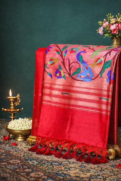 UTSAV BANARAS 205: Crimson Red Banarasi Paithani Silk Saree With Peacock Motif