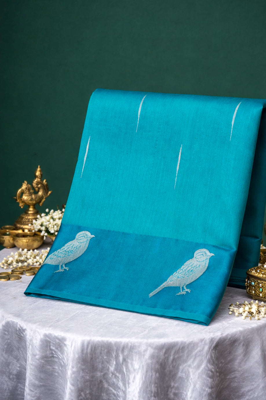 UTSAV BANARAS 215: Sea Green Banarasi Raw Silk Saree Elegant Bird Motif Weave