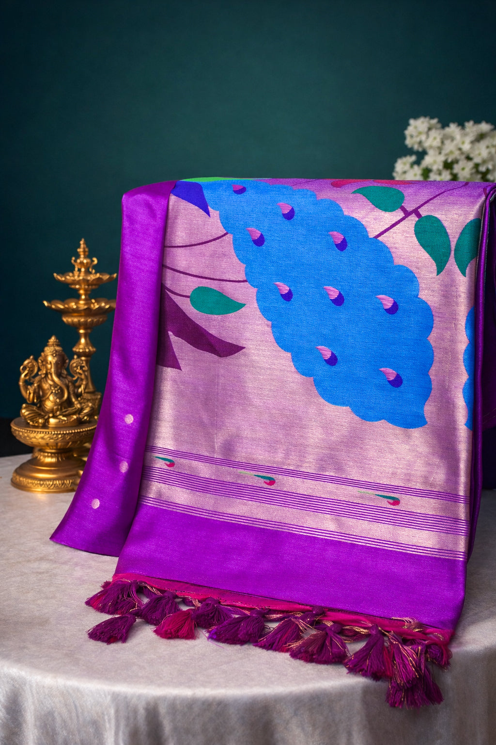 "UTSAV BANARAS 201: Magenta Banarasi Paithani Silk Saree With Peacock Motif