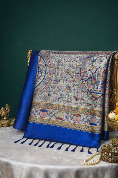 UTSAV BANARAS 228: Royal Blue anarasi Raw Silk Saree with Madhubani Print Palla &amp; Zari Border