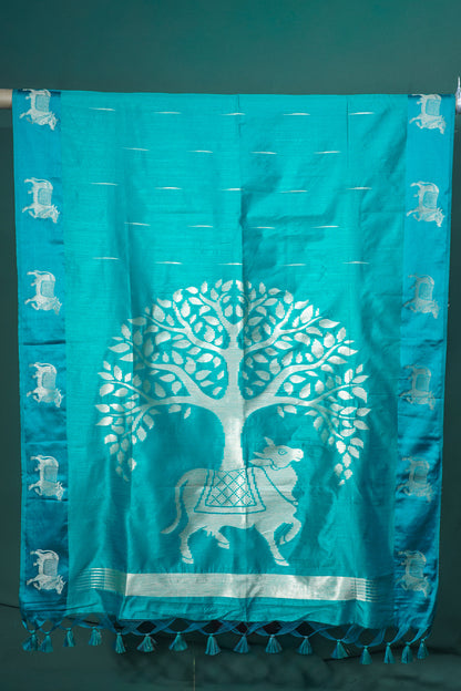 UTSAV BANARAS 247: Sea Green Banarasi Raw Silk Saree Elegant Animal Motif Weave