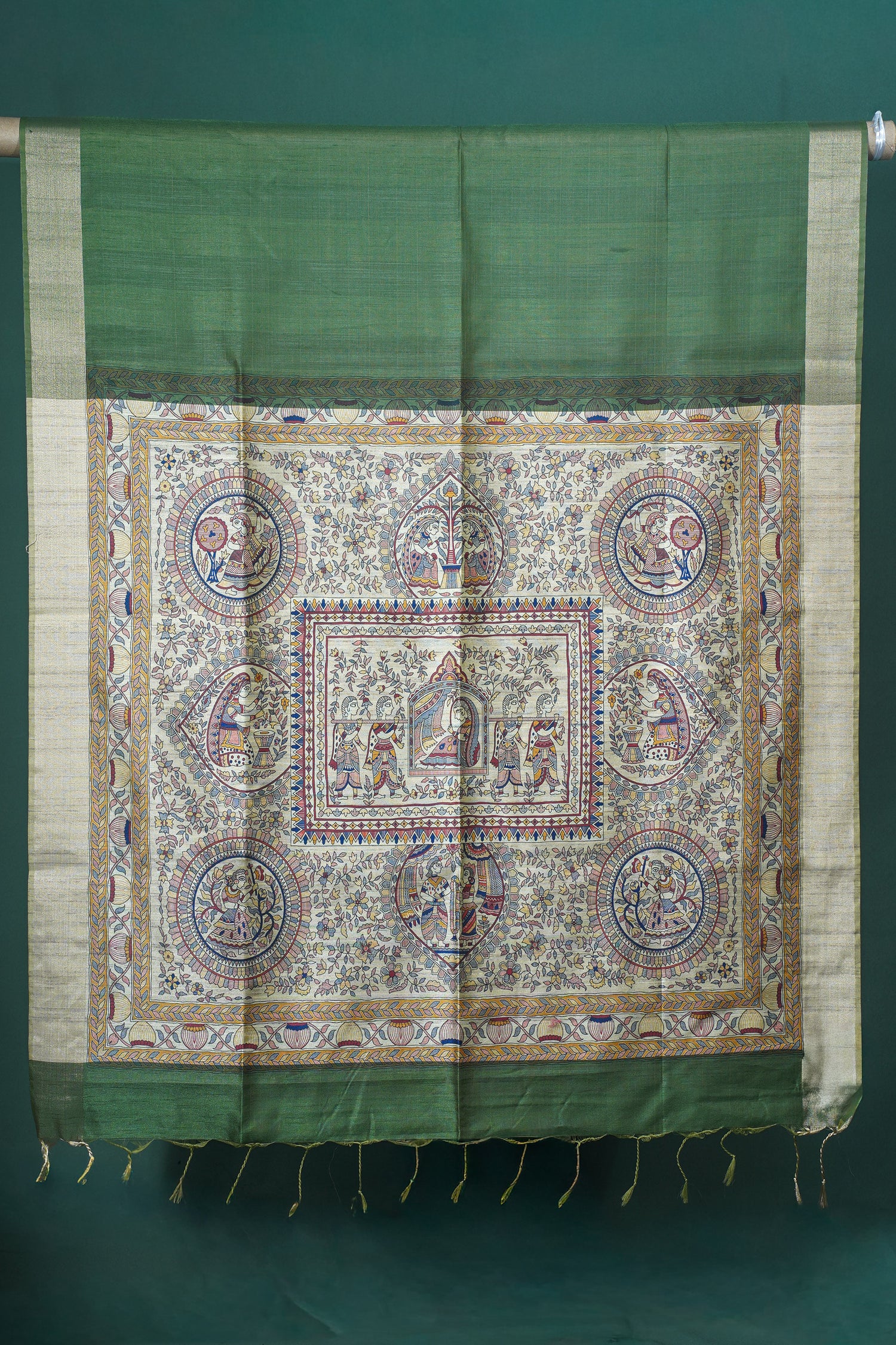UTSAV BANARAS 227: Pistachio Green Banarasi Raw Silk Saree with Madhubani Print Palla &amp; Zari Border
