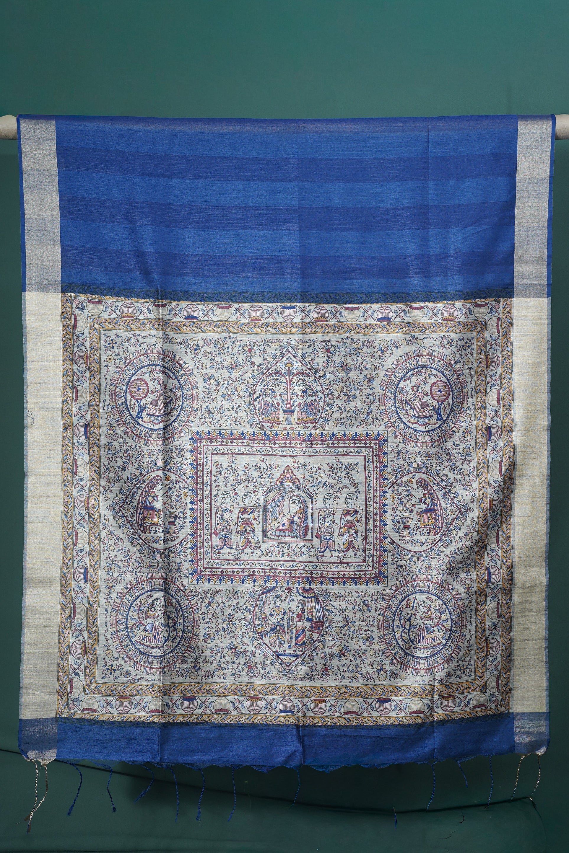 UTSAV BANARAS 228: Royal Blue anarasi Raw Silk Saree with Madhubani Print Palla &amp; Zari Border