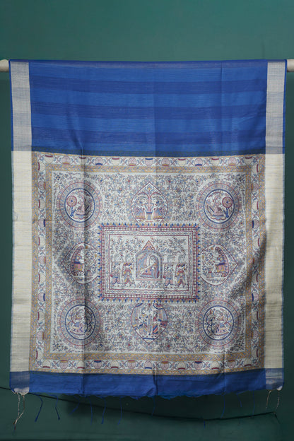 UTSAV BANARAS 228: Royal Blue anarasi Raw Silk Saree with Madhubani Print Palla &amp; Zari Border