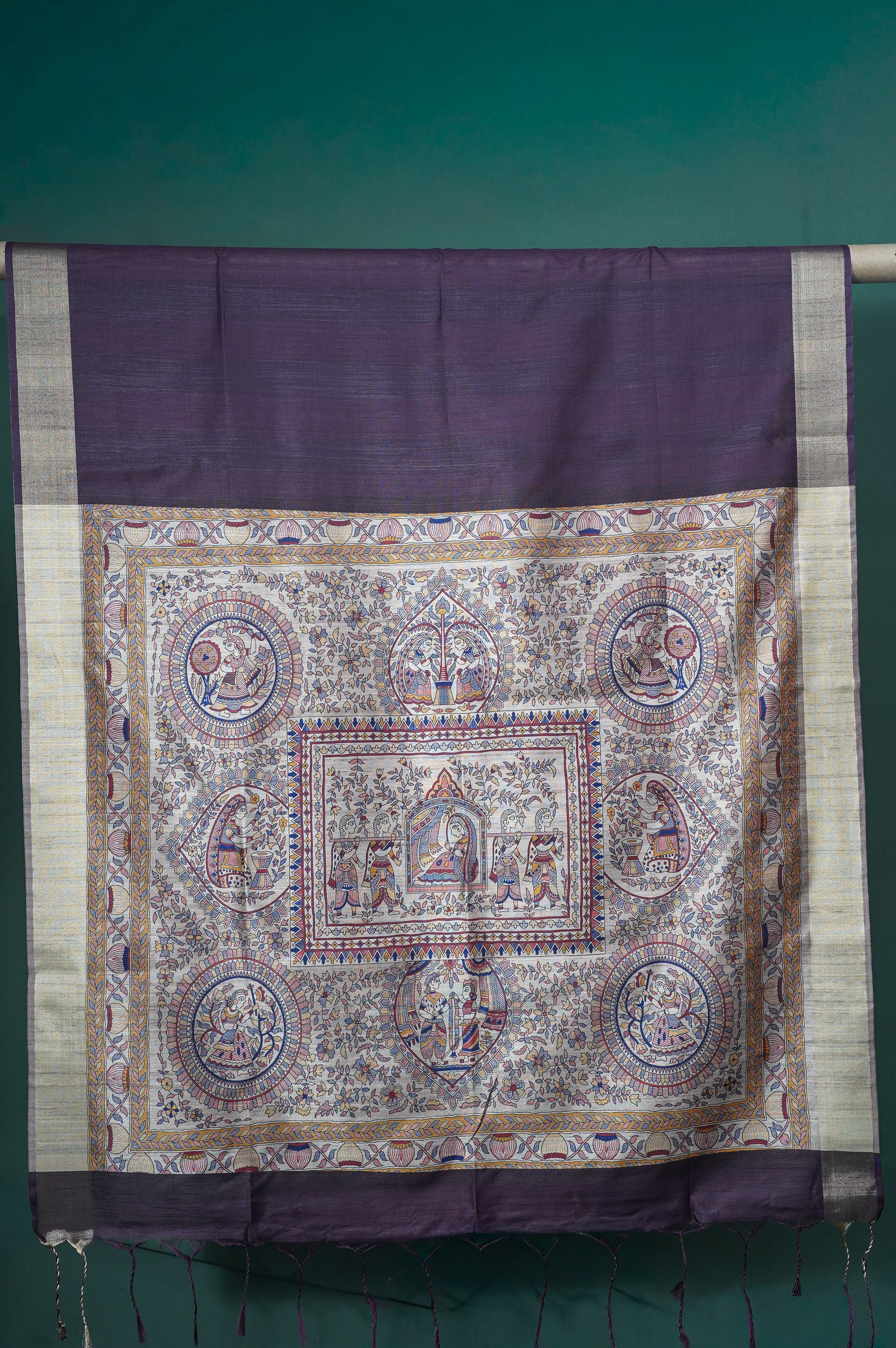 UTSAV BANARAS 226: Deep Wine Banarasi Raw Silk Saree with Madhubani Print Palla &amp; Zari Border
