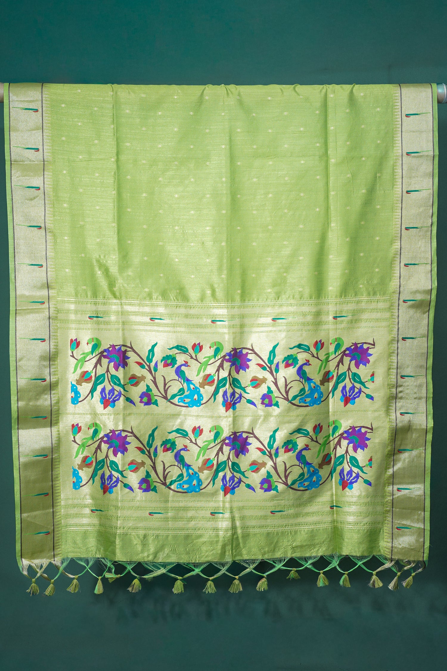 "UTSAV BANARAS 255" Parrot Green Banarasi Paithani Silk Saree With Peacock Motif
