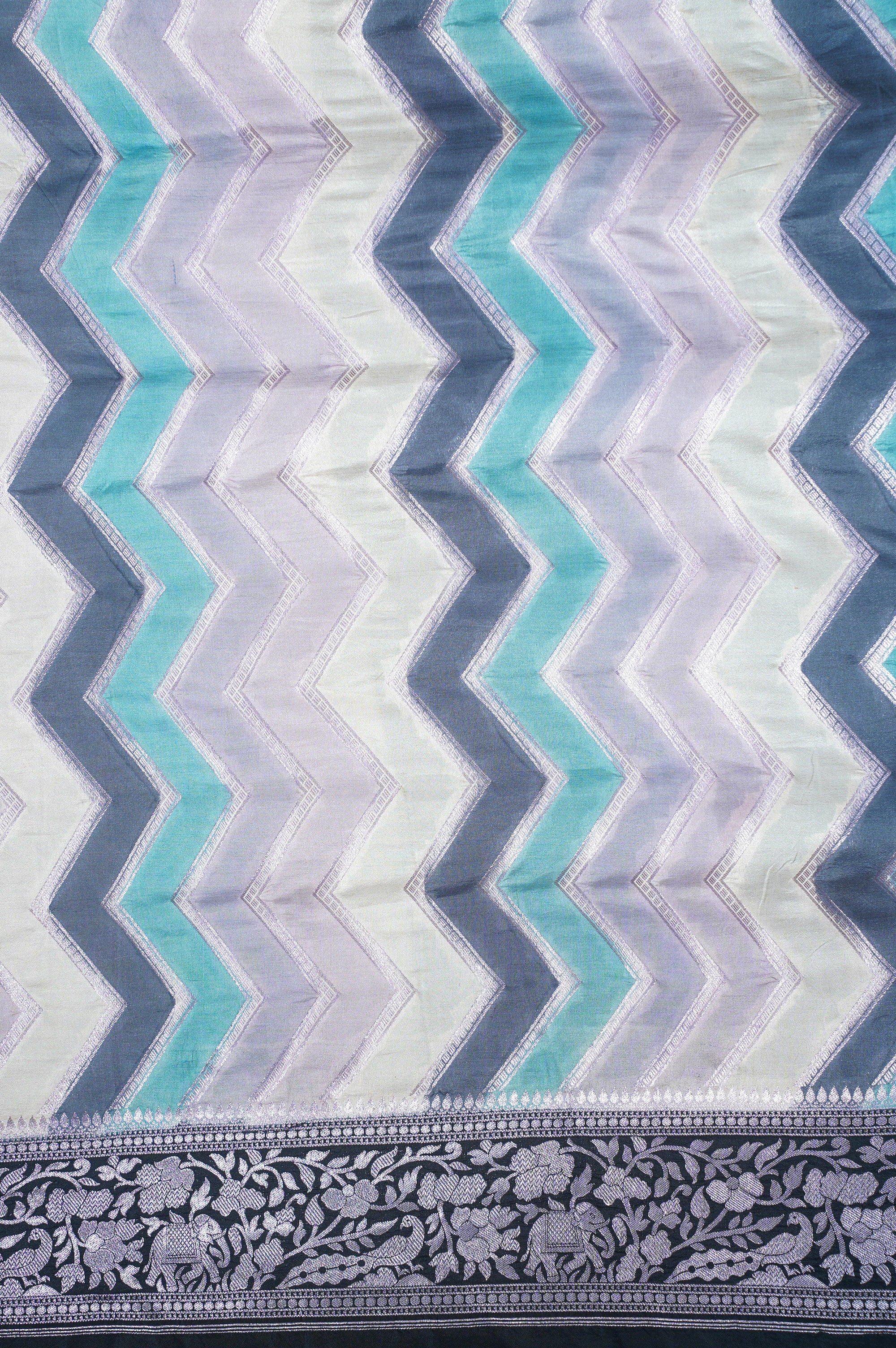Founder Choice 025: Celebrity Choice Pure Silk Rangkat Zig-Zag Saree with Silver Zari Border &amp; Palla | Silk Mark Certified