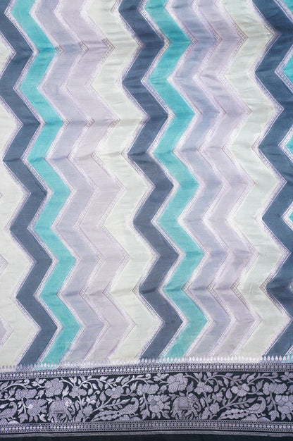 Founder Choice 025: Celebrity Choice Pure Silk Rangkat Zig-Zag Saree with Silver Zari Border &amp; Palla | Silk Mark Certified