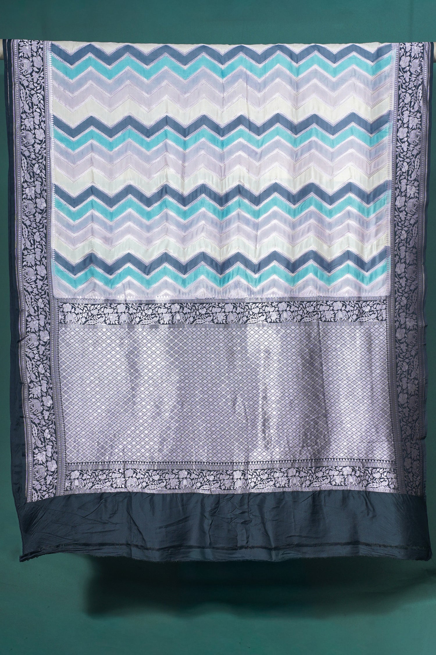 Founder Choice 025: Celebrity Choice Pure Silk Rangkat Zig-Zag Saree with Silver Zari Border &amp; Palla | Silk Mark Certified