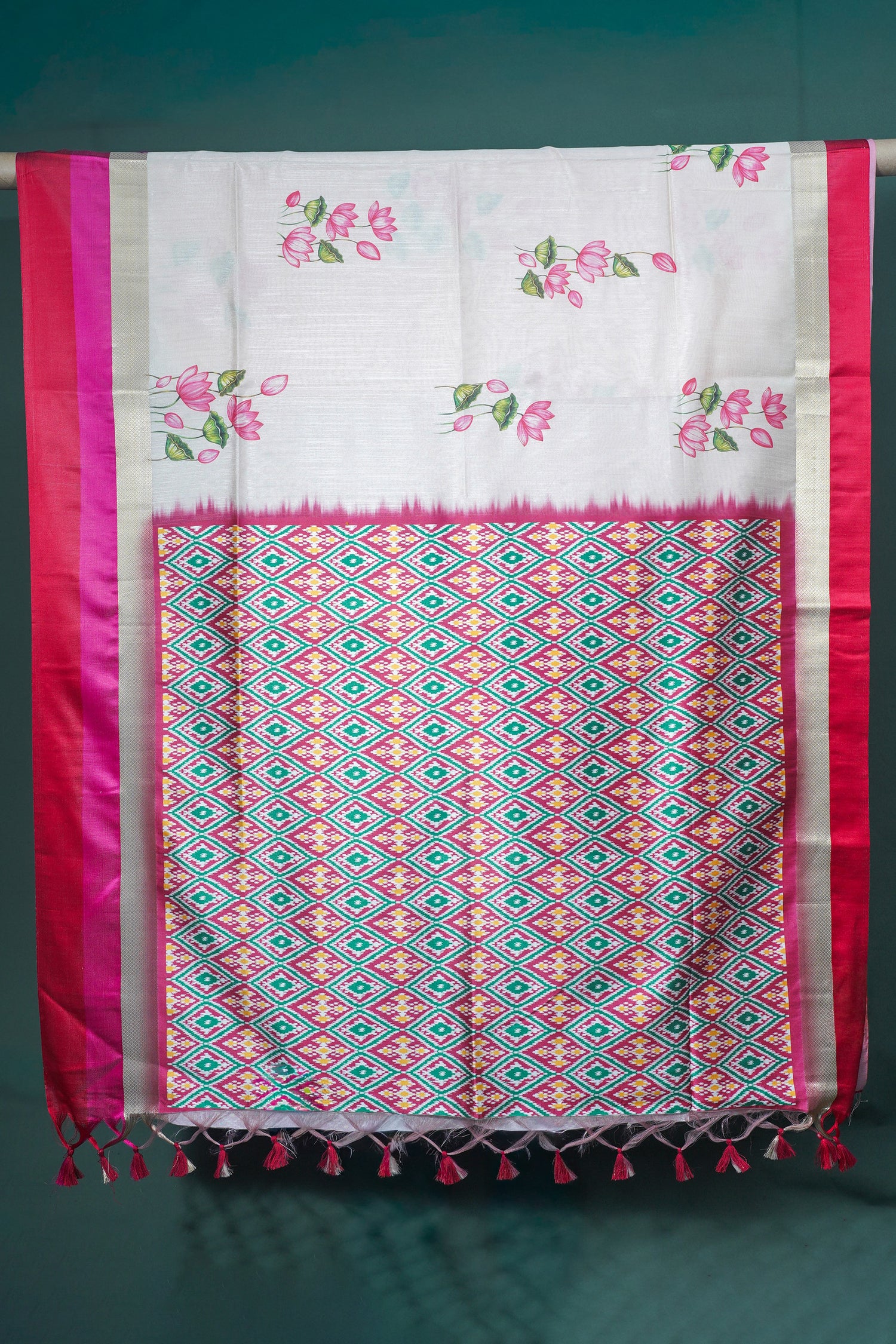 UTSAV BANARAS 297: Pearl White Banarasi Raw Silk Saree with Patola Print Palla