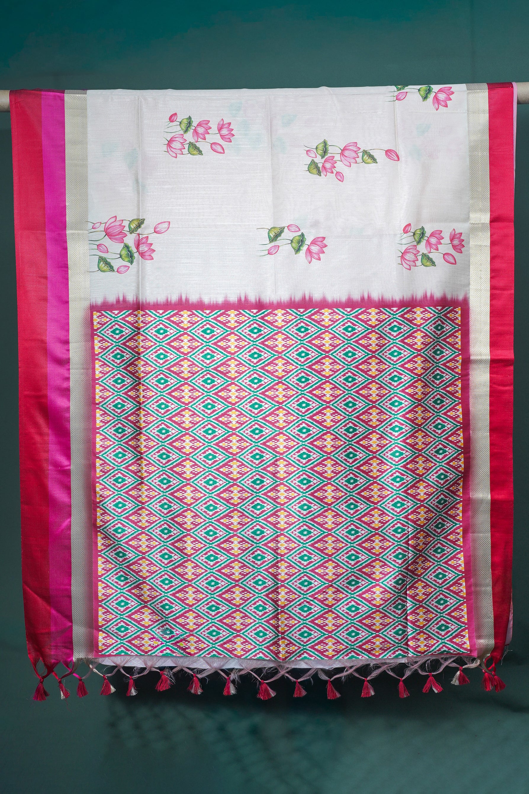 UTSAV BANARAS 297: Pearl White Banarasi Raw Silk Saree with Patola Print Palla