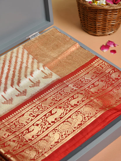 Founder Choice 068: Ivory with Rich Red Accents  Pure Kanjivaram Ikkat Handloom Silk Saree