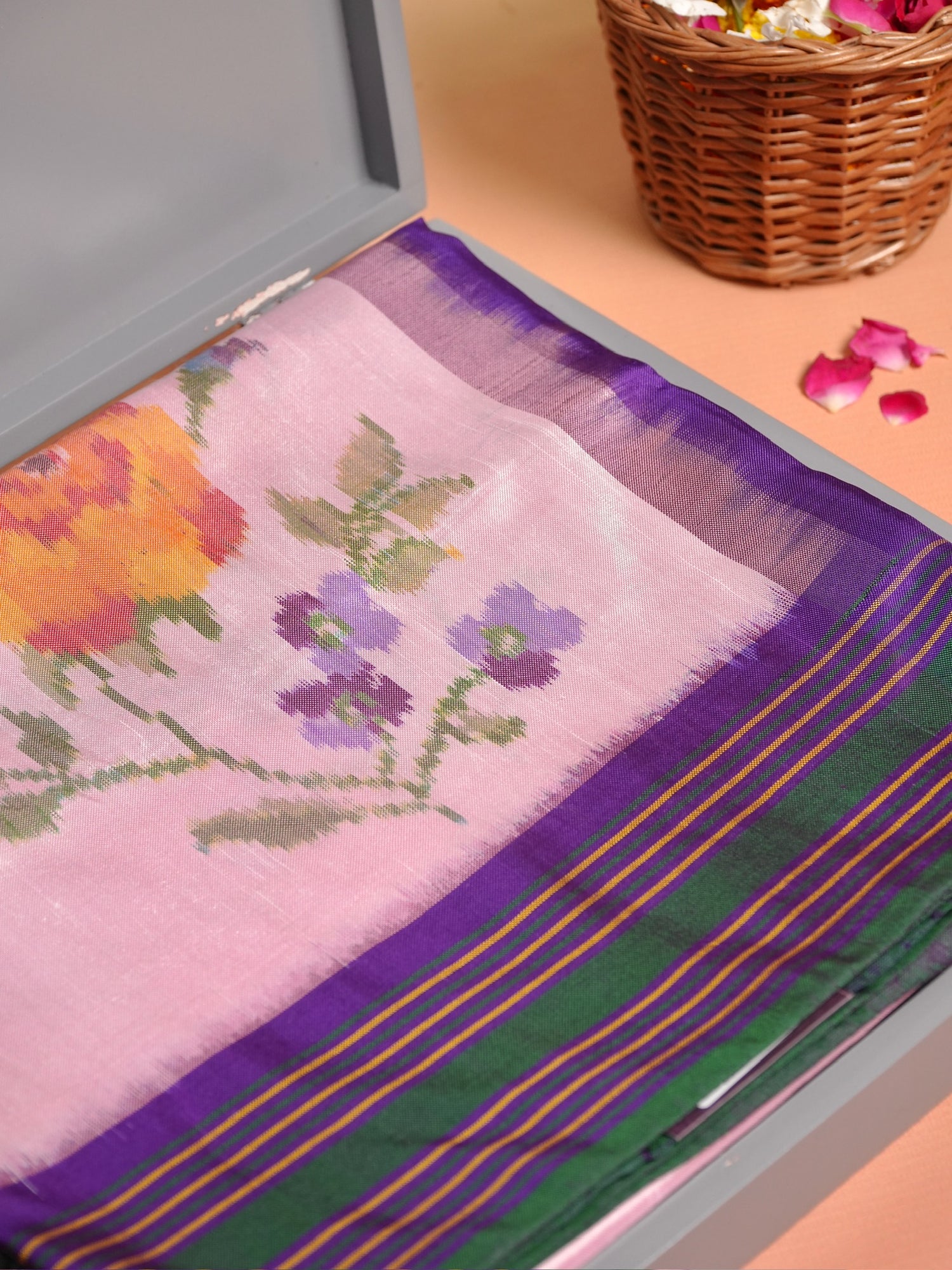 Founder Choice 071: Pure Katan Patola Ikkat Handloom Silk Saree in Lotus Pink