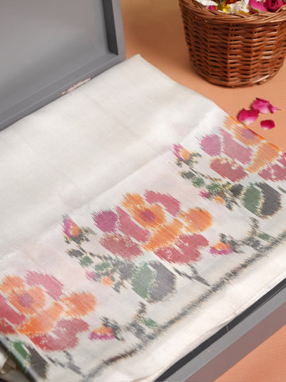 Founder Choice 074: Pure Katan Patola Ikkat Handloom Silk Saree in Pearl White