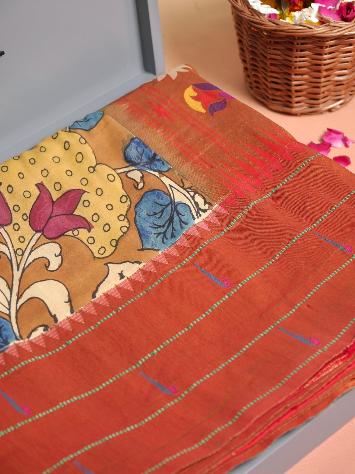 Founder Choice 076: Earthy Base Pure Silk Kalamkari Vegetable Dye Saree with Paithani Border &amp; Pallu