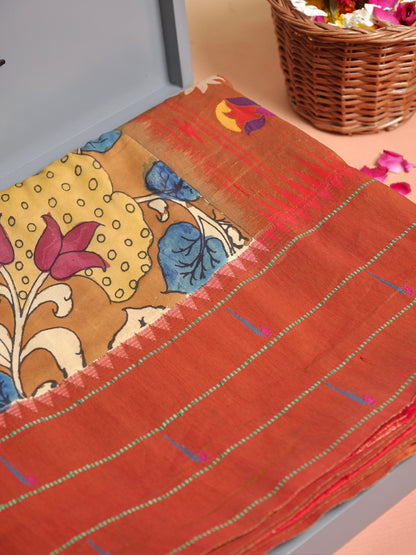 Founder Choice 076: Earthy Base Pure Silk Kalamkari Vegetable Dye Saree with Paithani Border &amp; Pallu