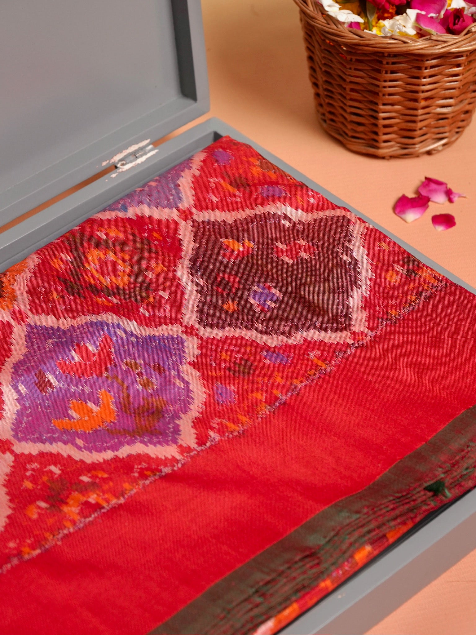 Founder Choice 069: Pure Handloom Red Katan Patola Ikkat Silk Saree Multicolor Block Design