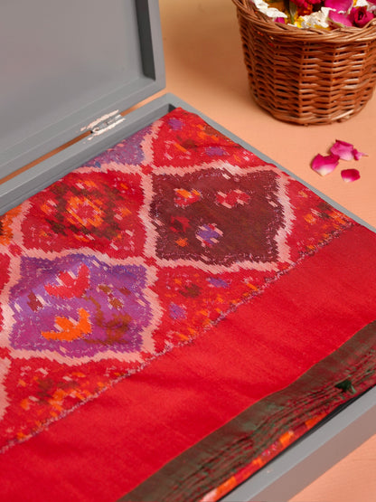 Founder Choice 069: Pure Handloom Red Katan Patola Ikkat Silk Saree Multicolor Block Design