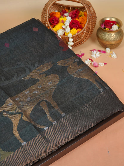 Founder Choice 075: Shadow Black Pure Handloom Jamdani Meenkari Silk Saree