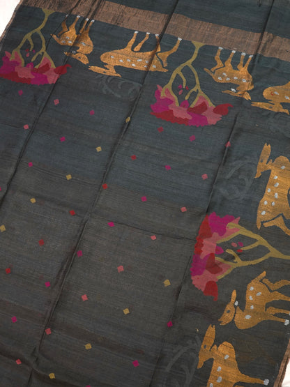 Founder Choice 075: Shadow Black Pure Handloom Jamdani Meenkari Silk Saree