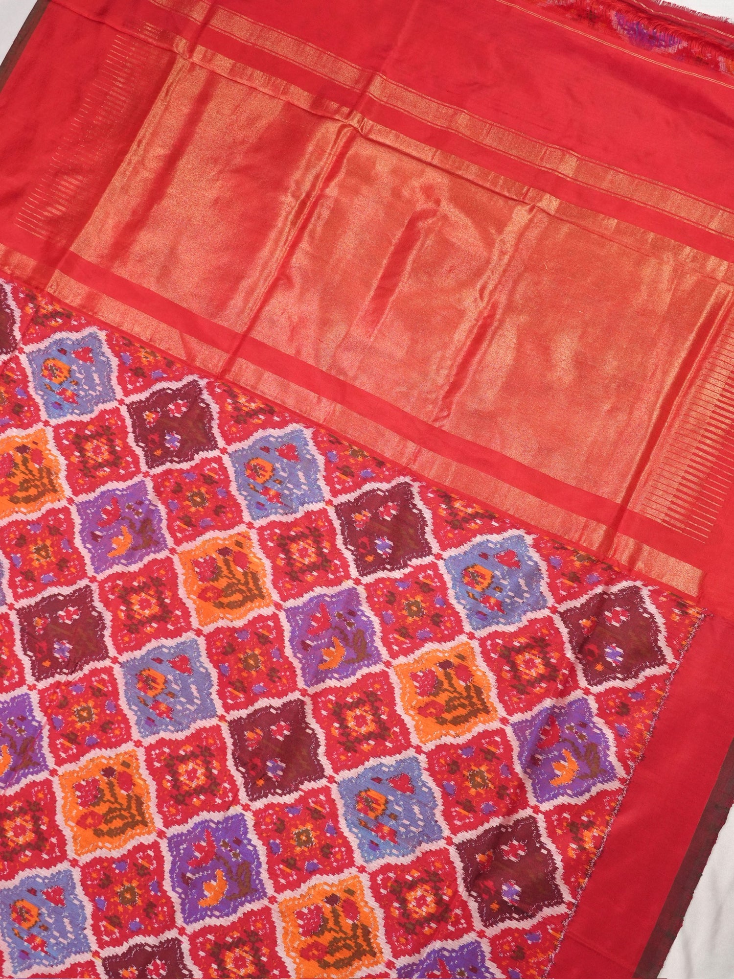 Founder Choice 069: Pure Handloom Red Katan Patola Ikkat Silk Saree Multicolor Block Design