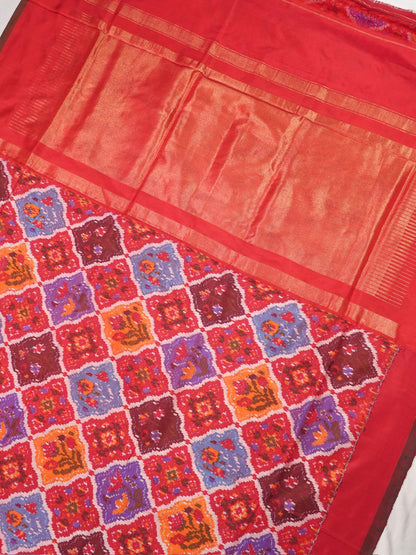 Founder Choice 069: Pure Handloom Red Katan Patola Ikkat Silk Saree Multicolor Block Design