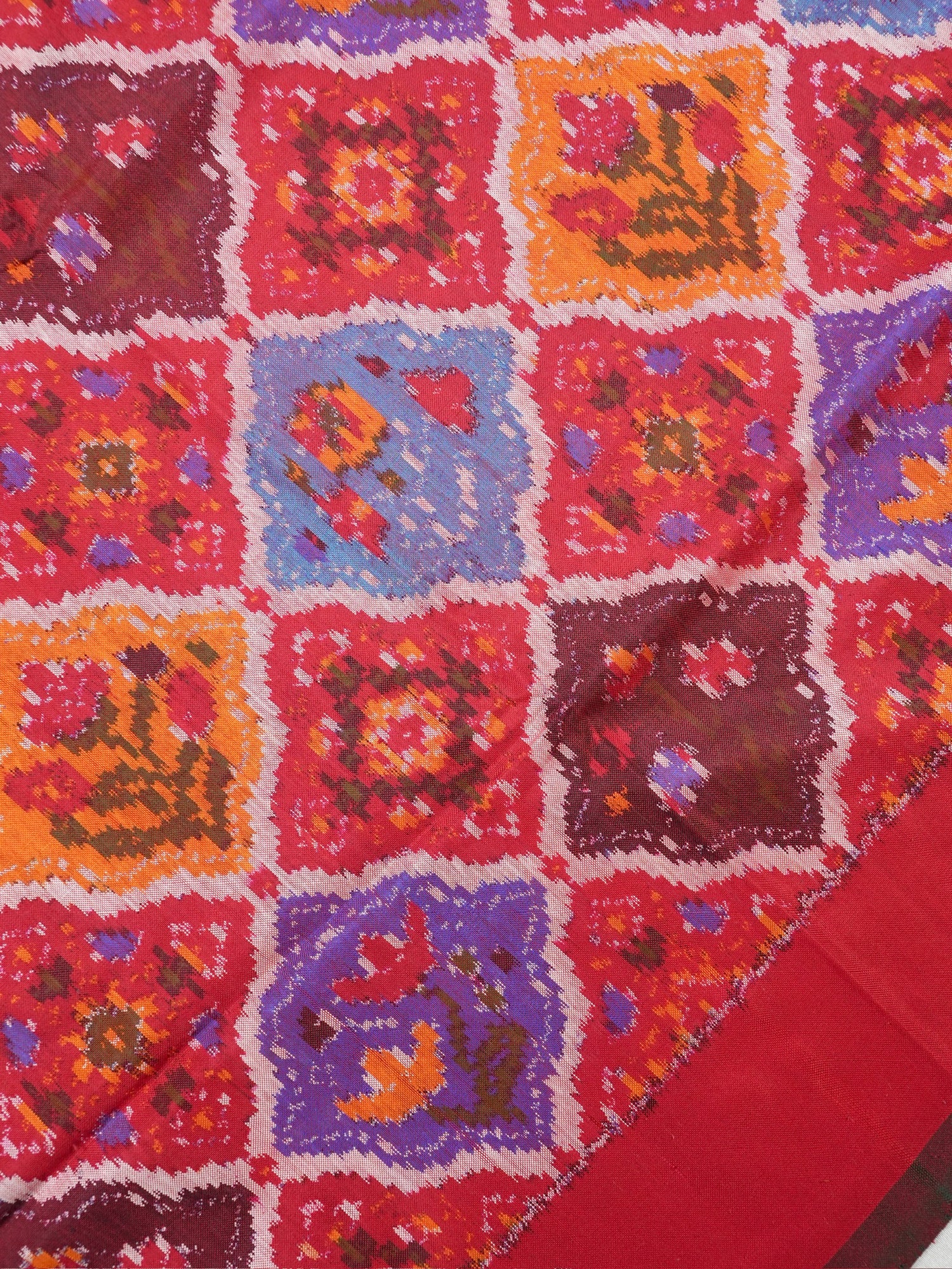 Founder Choice 069: Pure Handloom Red Katan Patola Ikkat Silk Saree Multicolor Block Design