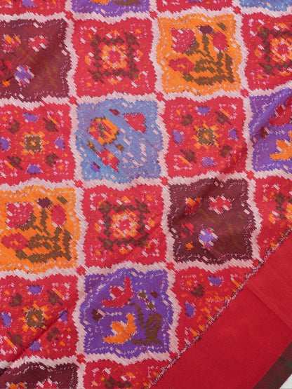 Founder Choice 069: Pure Handloom Red Katan Patola Ikkat Silk Saree Multicolor Block Design