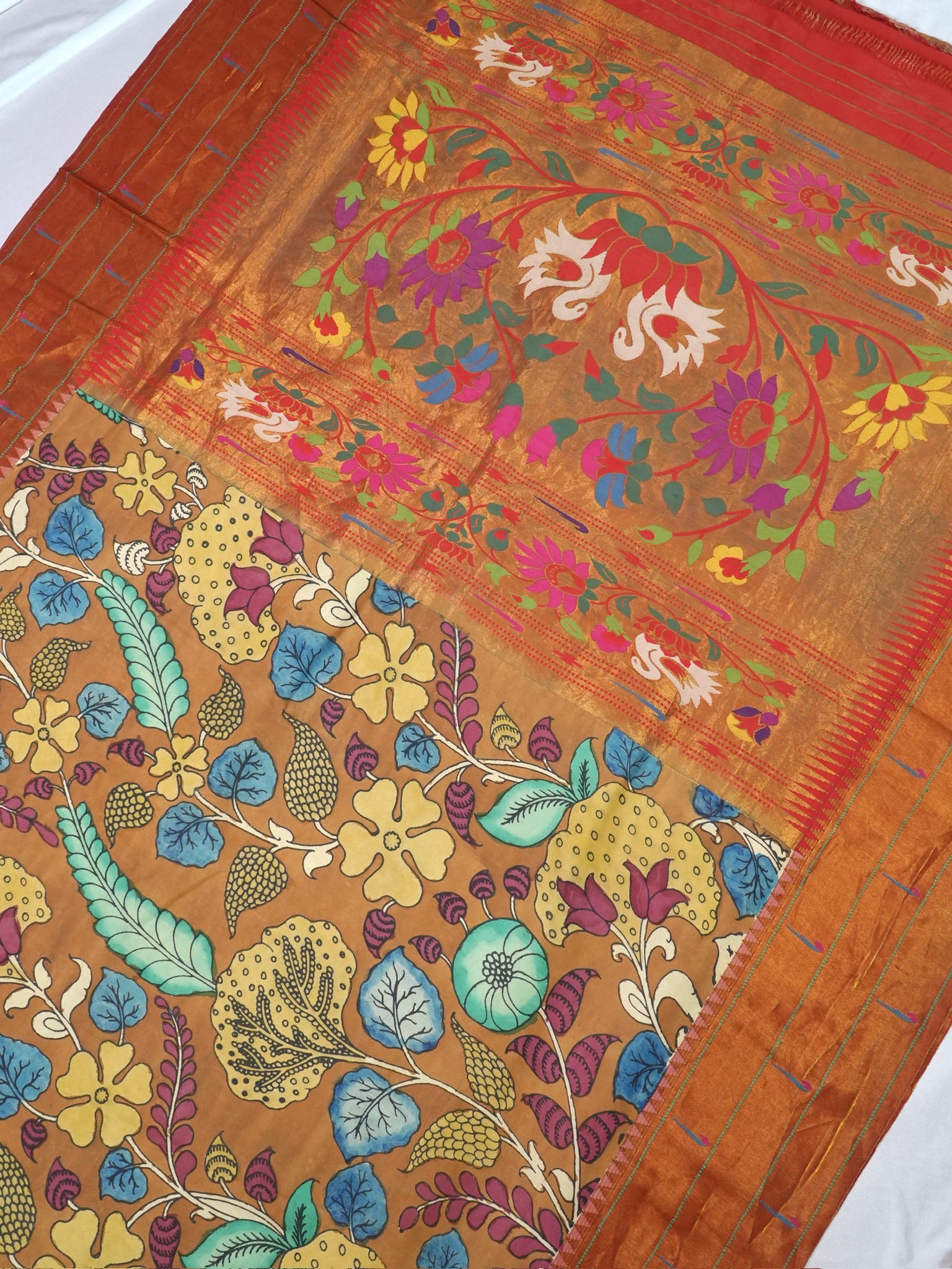 Founder Choice 076: Earthy Base Pure Silk Kalamkari Vegetable Dye Saree with Paithani Border &amp; Pallu