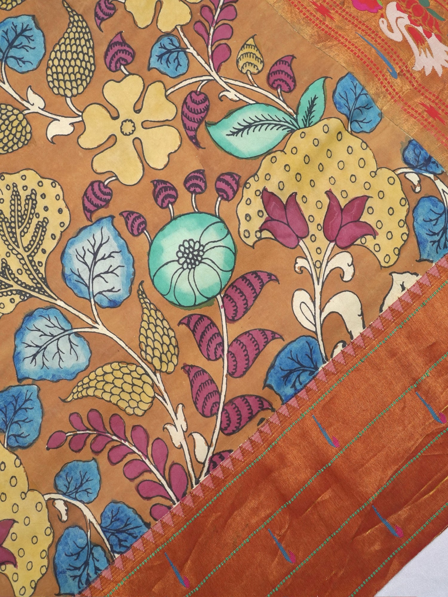 Founder Choice 076: Earthy Base Pure Silk Kalamkari Vegetable Dye Saree with Paithani Border &amp; Pallu
