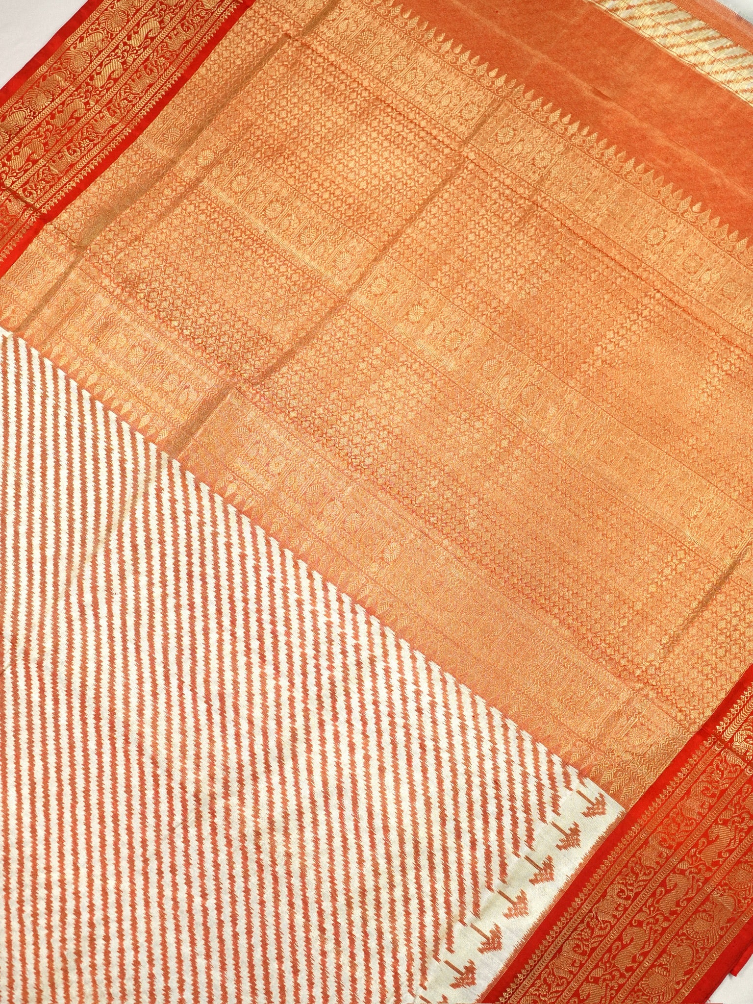 Founder Choice 068: Ivory with Rich Red Accents  Pure Kanjivaram Ikkat Handloom Silk Saree