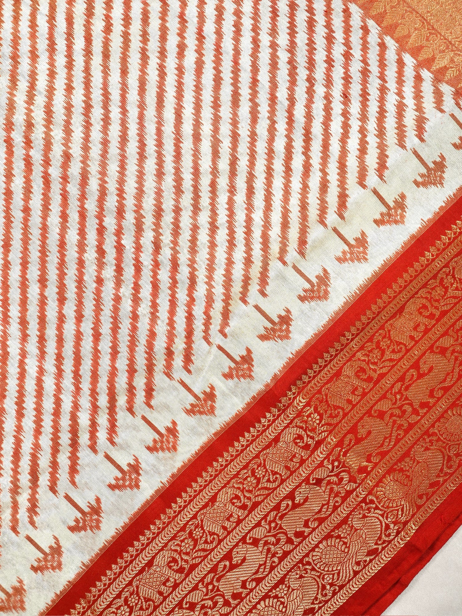 Founder Choice 068: Ivory with Rich Red Accents  Pure Kanjivaram Ikkat Handloom Silk Saree