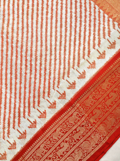 Founder Choice 068: Ivory with Rich Red Accents  Pure Kanjivaram Ikkat Handloom Silk Saree