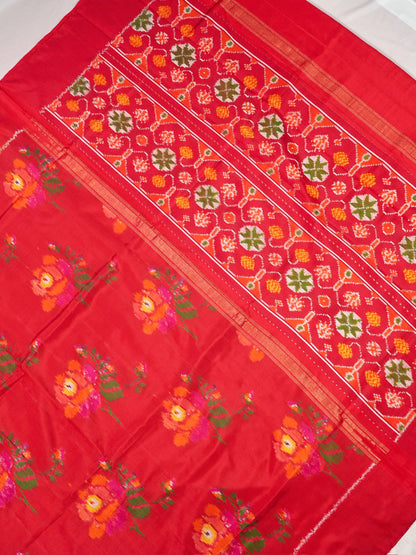 Founder Choice 070: Pure Katan Patola Ikkat Handloom Silk Saree in Dulhan Red