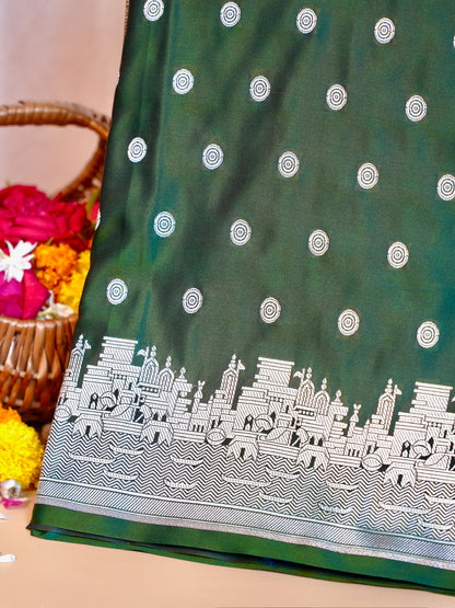 Waah Banaras 055F: Deep Olive Green Banarasi Pure Mashru silk saree with Ghat Border