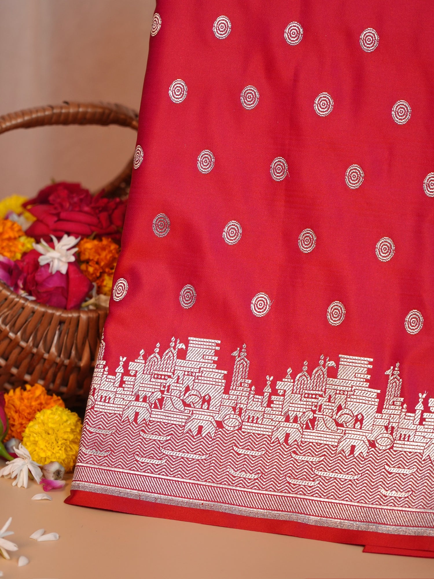 Waah Banaras 055A: Glossy Red Banarasi Pure Massaru silk saree with Ghat Border