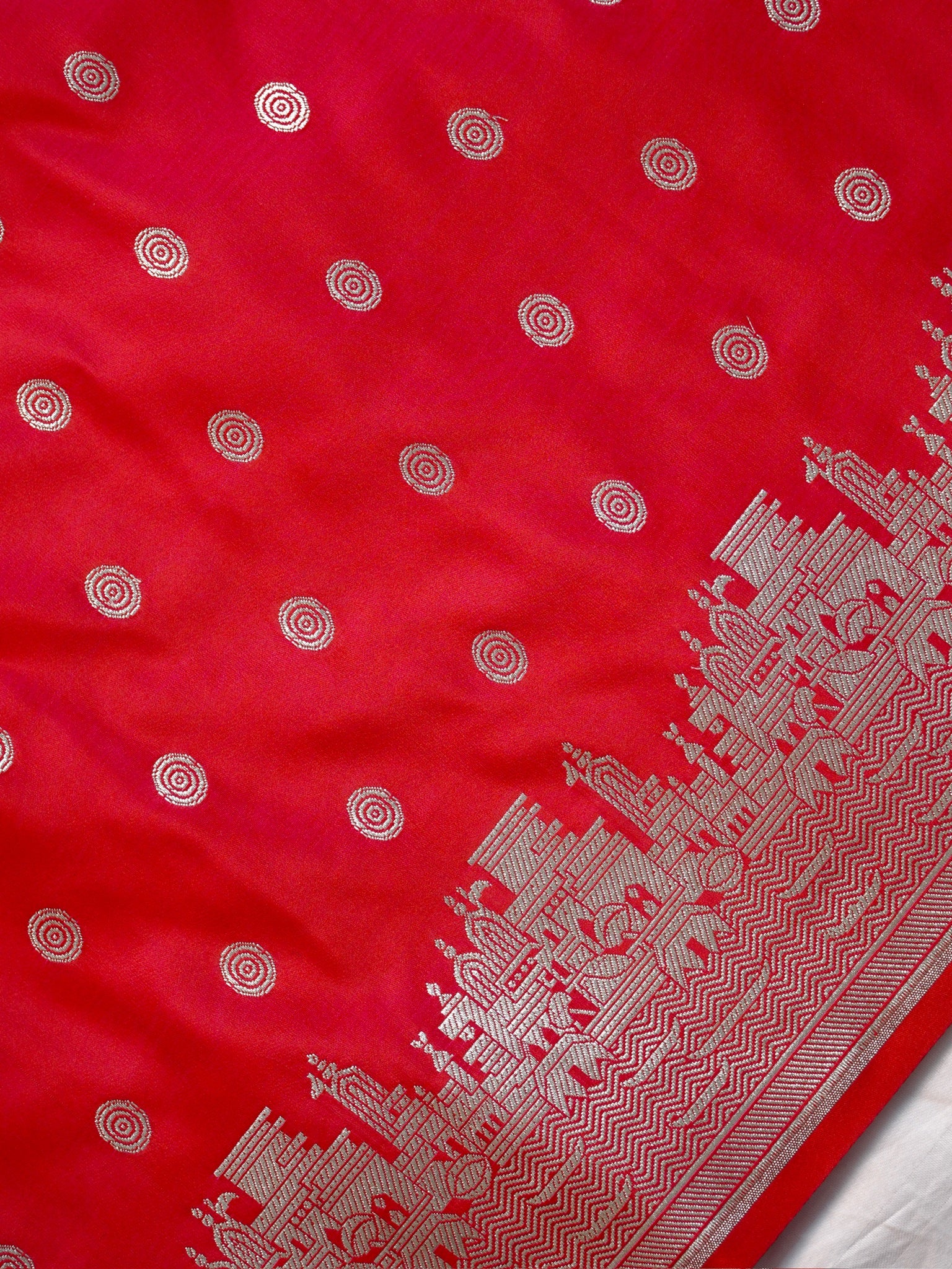 Waah Banaras 055A: Glossy Red Banarasi Pure Massaru silk saree with Ghat Border