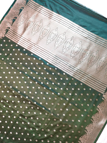 Waah Banaras 055F: Deep Olive Green Banarasi Pure Mashru silk saree with Ghat Border