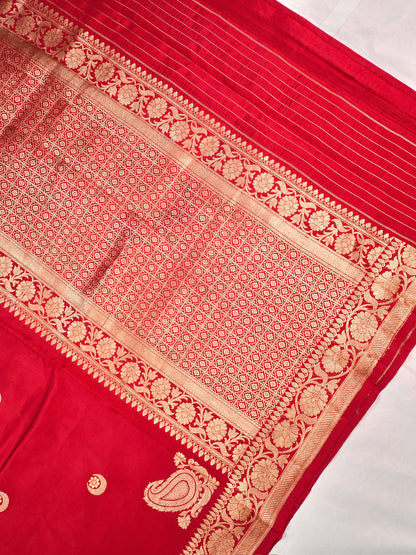 VIRASAT 166:  Pure Fine Handloom Silk Gold Zari Chand Buta Saree – Chatak Red