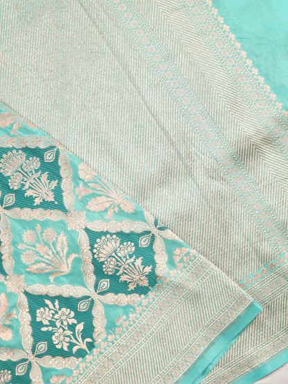 VIRASAT 427C: Silk Mark Certified Sea Green Pure Handloom Silk Saree with Kadwa Zari Weaving