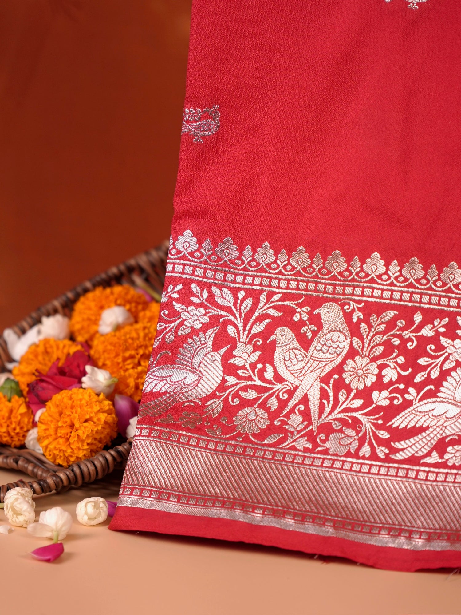 Waah Banara 181B: Regel Red Semi Katan Silk Saree With Beautiful Bird Border