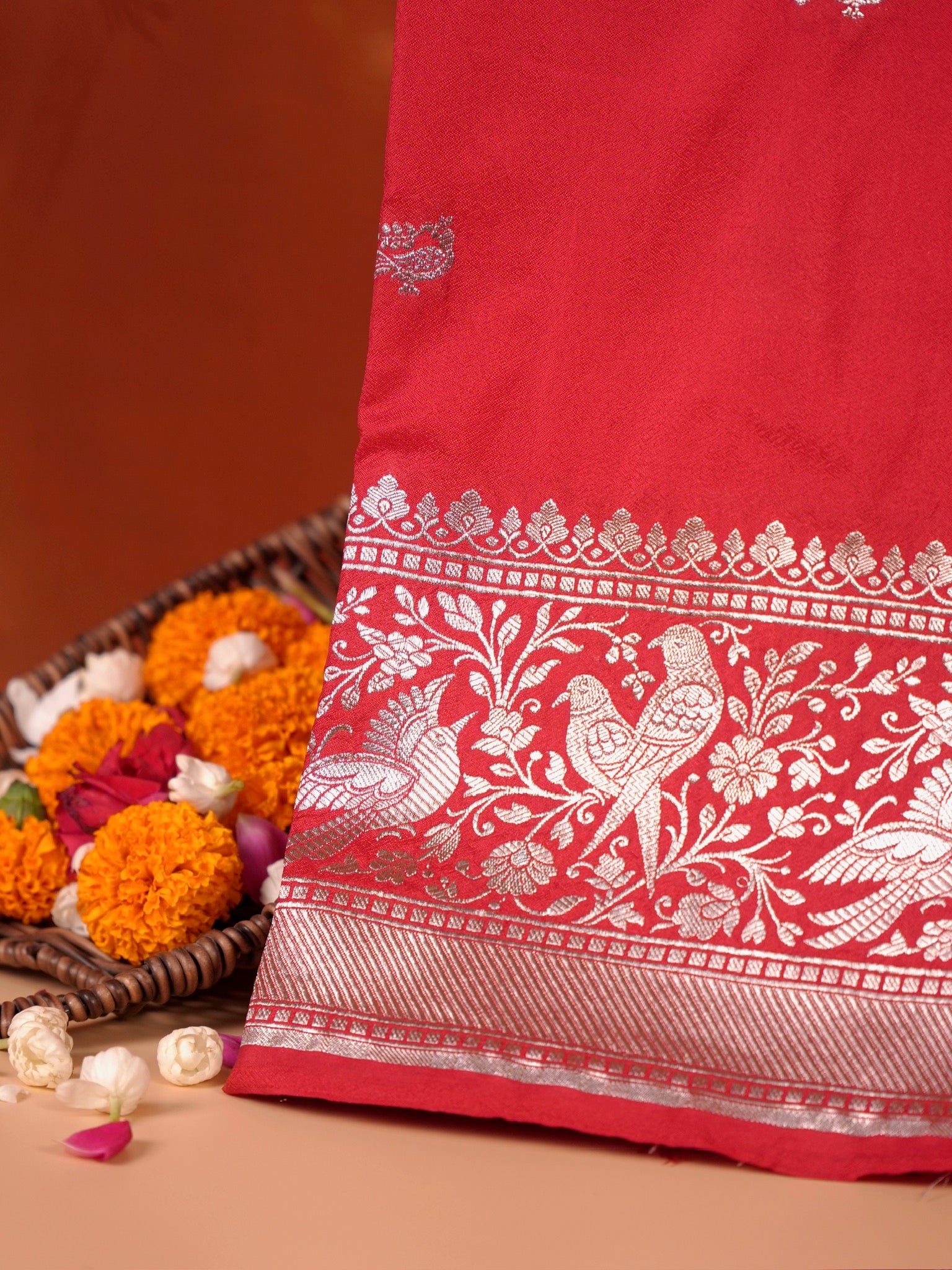 Waah Banara 181B: Regel Red Semi Katan Silk Saree With Beautiful Bird Border