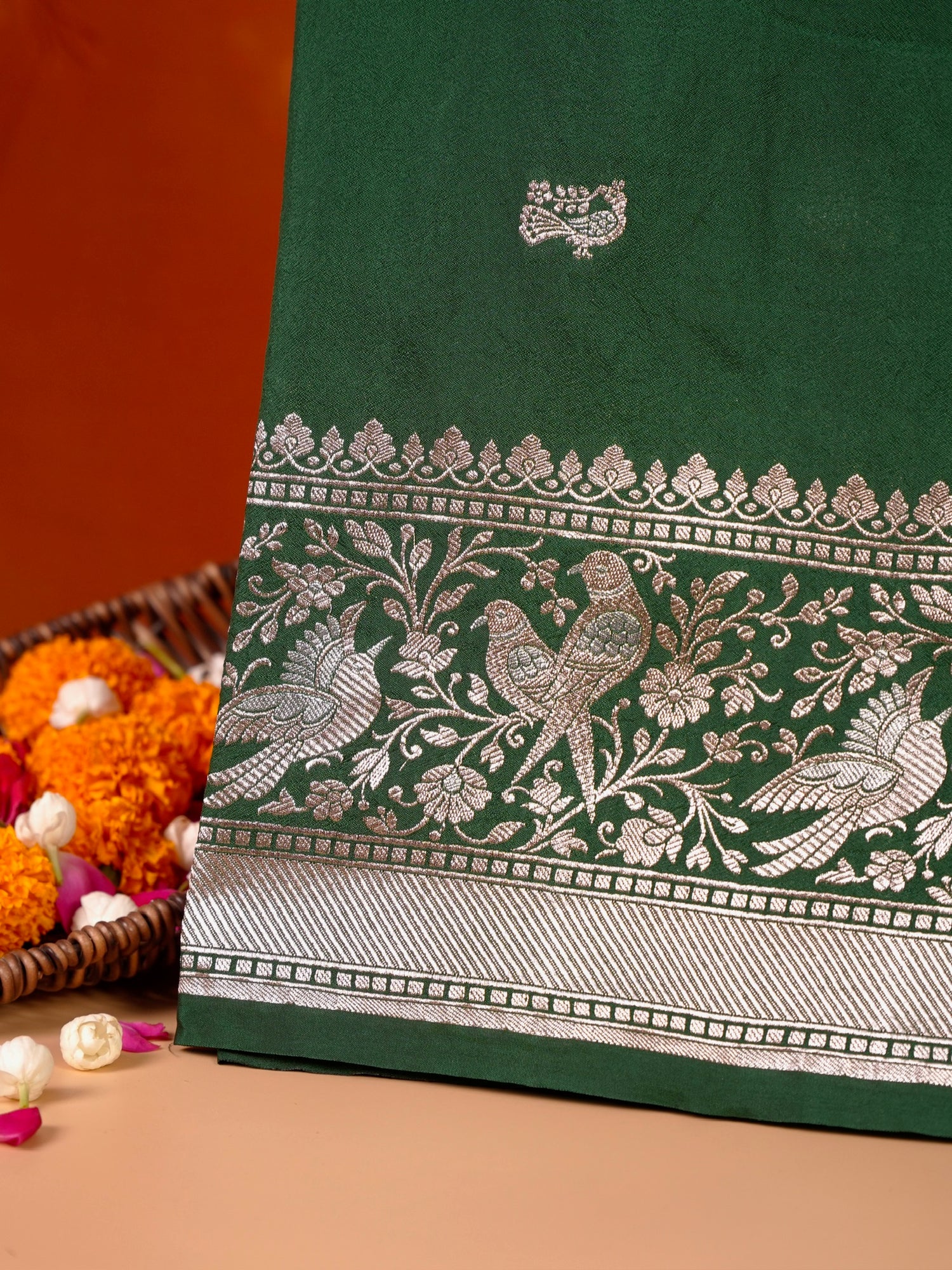 Waah Banaras 181D: Bottle Green Semi Katan Silk Saree With Beautiful Bird Border