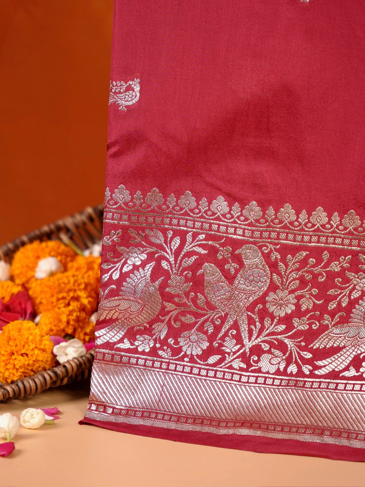 Waah Banaras 181A: Rich Maroon Semi Katan Silk Saree With Beautiful Bird Border