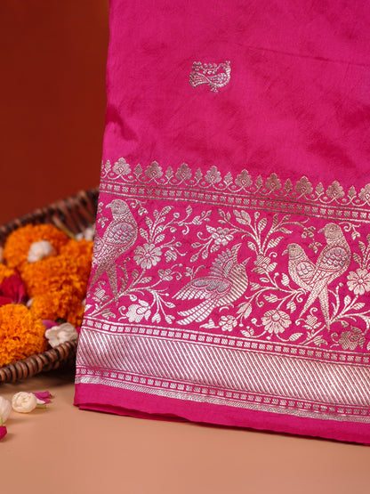 Waah Banaras 181C: Regal Rani Pink Semi Katan Silk Saree With Beautiful Bird Border