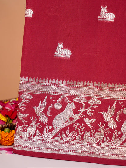 Waah Banaras 180A: Rich Maroon Semi Katan Silk Saree With Beautiful Bird Border