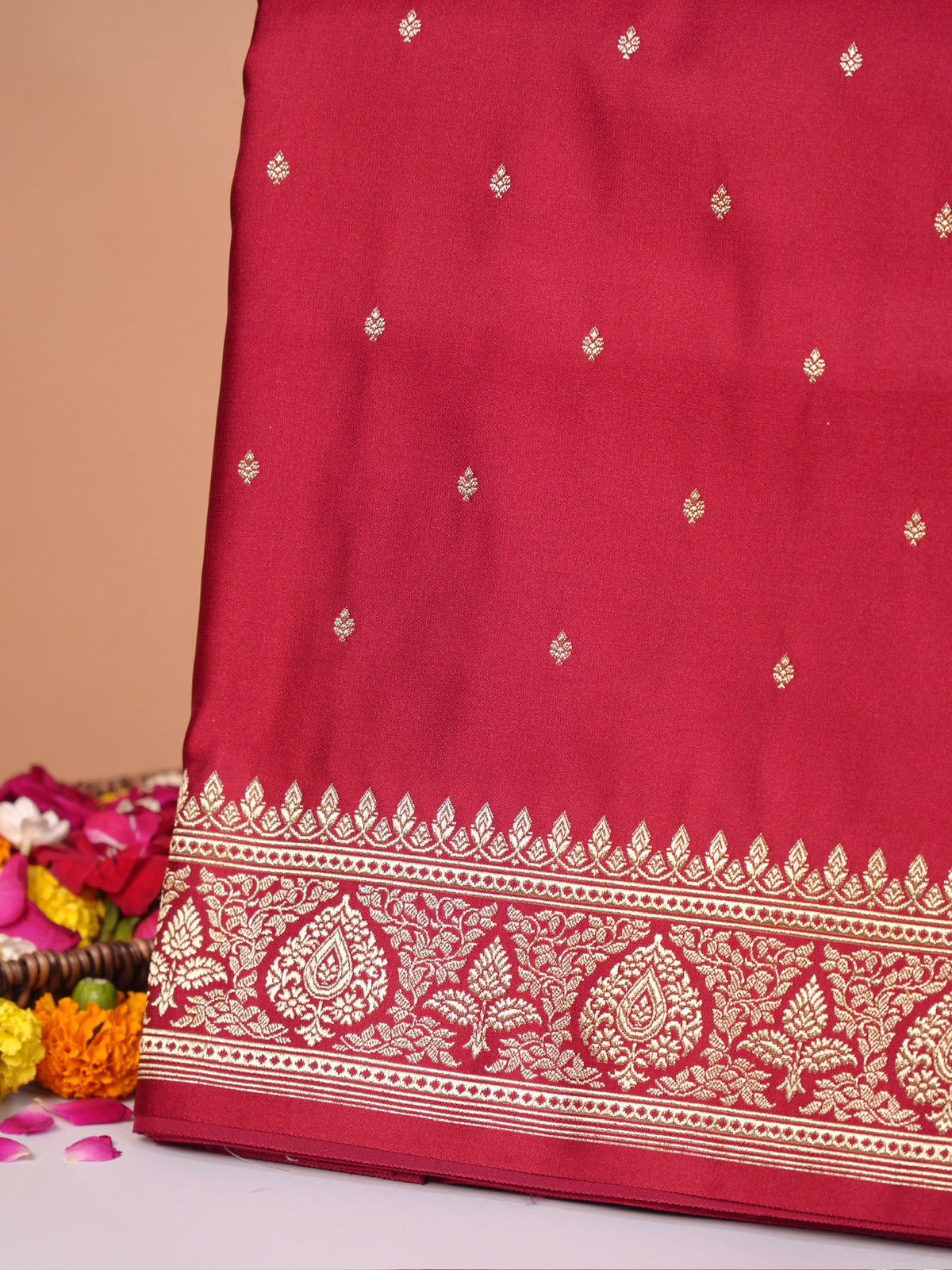 Waah Banaras 183: Regal Crimson Satin Katan Silk Zari Saree With Floral Border